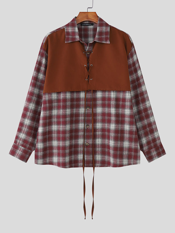 Men's Plaid Colorblock Faux Two-Piece Long Sleeve Shirt SKUL27296