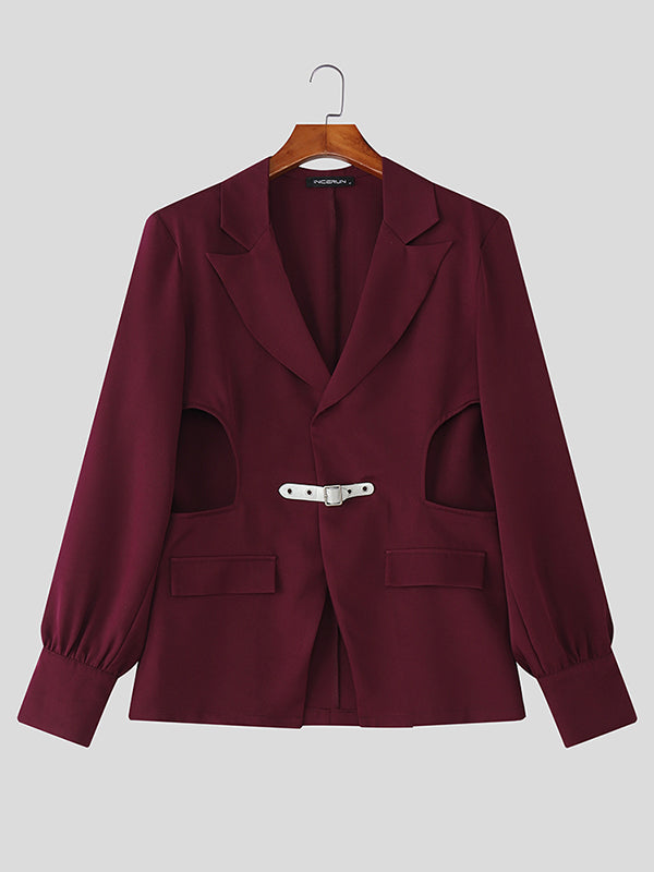 Men's Leather Buckle Side Cut Long Sleeve Blazer SKUL26926