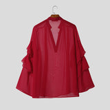 Men's Ruffle Patchwork Sheer Long Sleeve Shirt SKUL43729