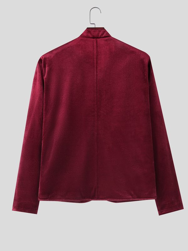 Men's Retro Quiet Luxury Cocktail Party Lustrous Velvet Metal Button Long Sleeve Stand Collar Jacket SKUL77985