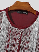 Men's Silver Tassel Patchwork Cropped Long Sleeve T-Shirt SKUL23924