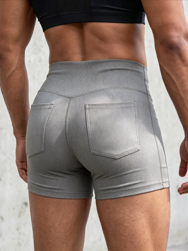Men's Gym Vertical Ribbed V-Back Yoke Butt Lifting High Waist Back Pocket Short SKUL81924