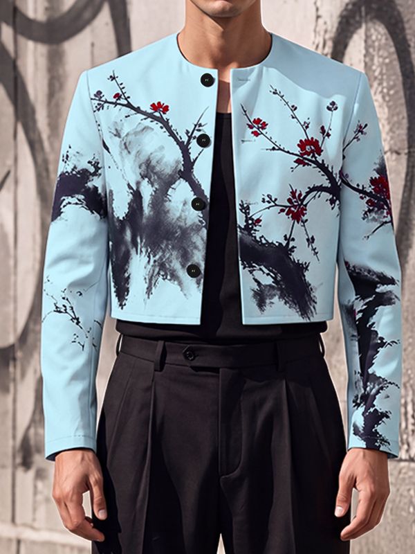 Men's Avant-Garde Gallery Plum Blossom Ink Print Collarless Structured Shoulder Long Sleeve Cropped Blazer SKUL79642
