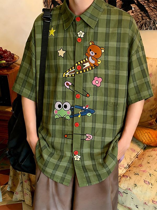 Men's Harajuku Kawaii Cartoon Bear Frog Plaid Short Sleeve Shirt SKUL59521