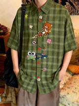 Men's Harajuku Kawaii Cartoon Bear Frog Plaid Short Sleeve Shirt SKUL59521