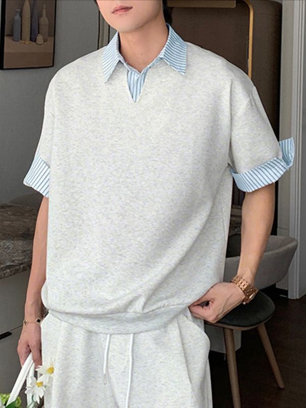 Men's Casual College Preppy Striped Fake Two Piece Short Sleeve Shirt SKUL67312