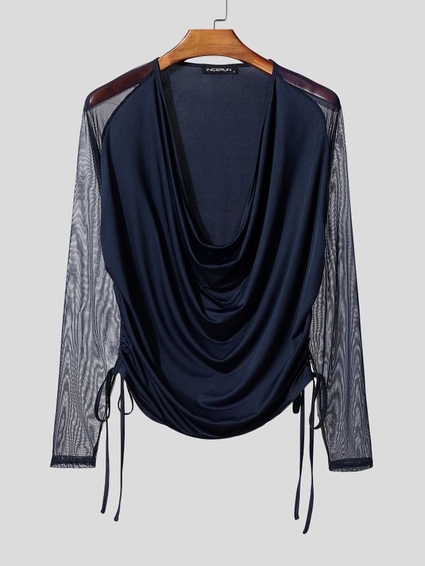 Men's Semi Sheer Mesh Draped Neck Long Sleeve T-shirt SKUL54094
