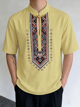 Men's Modern Neo-Chinese Ethnic Geometric Print Deconstructed Keyhole Stand Collar Short Sleeve Shirt SKUL60994