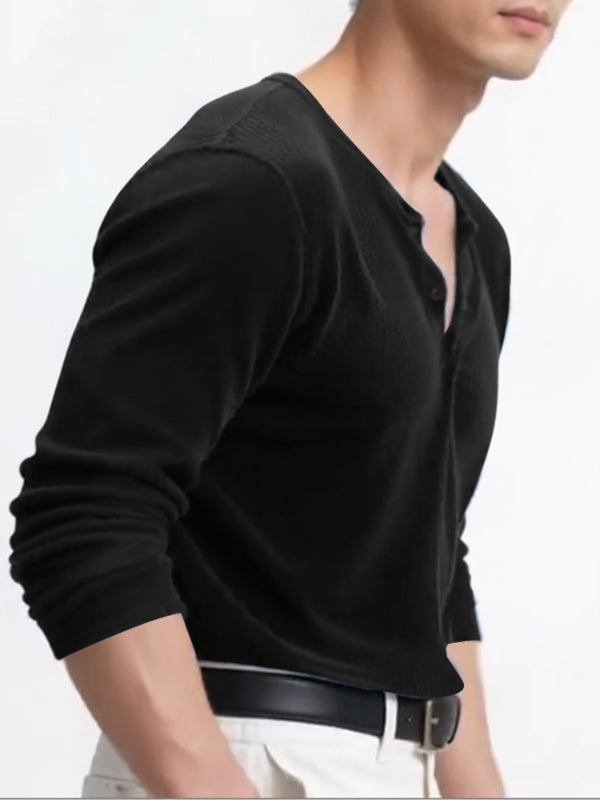 Men's Solid Textured V Neck Long Sleeve T-Shirt SKUL29585