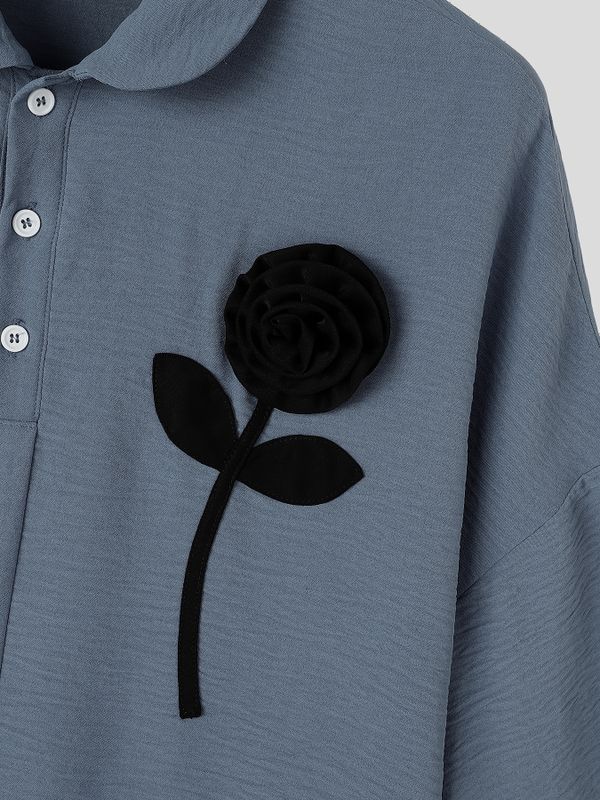 Men's Zen Minimalist Art Exhibition 3D Rose Flower Crinkle Textured Kimono Sleeve Shirt SKUL85967