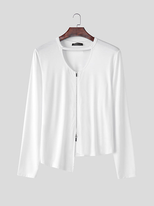 Mens Irregular Hem Hollow Long Sleeve T-shirt SKUK98998