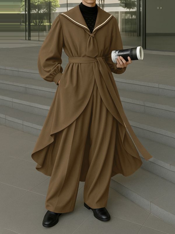 Men's Solid Color Long Hem Sailor Collar Two Pieces Outfit SKUL32863