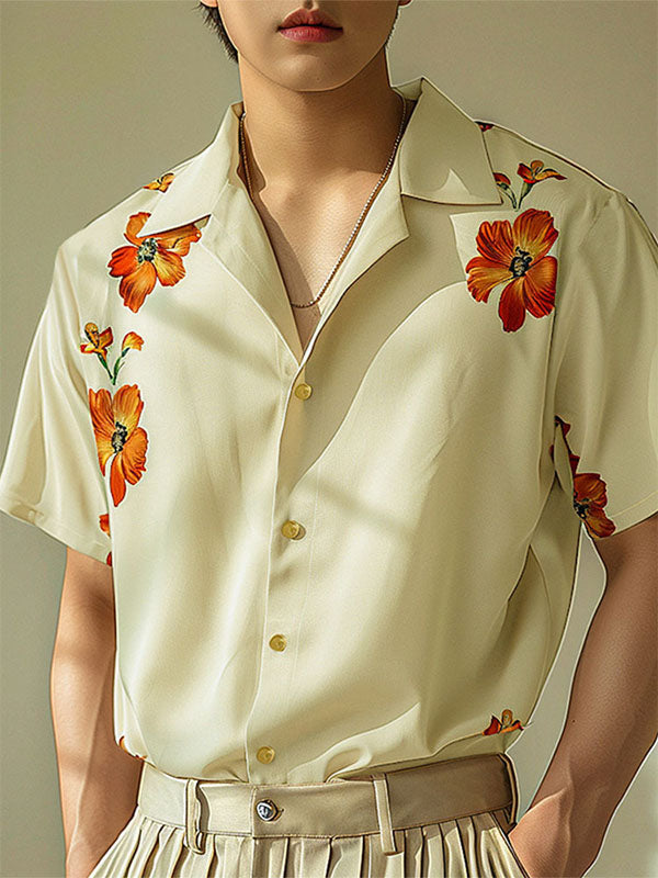 Mens Floral Print Cuban Collar Short Sleeve Shirt SKUK62683