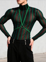 Men's Striped Patchwork Sheer Long Sleeve T-Shirt SKUL23956