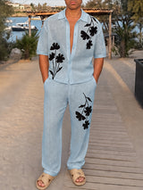 [Pre-order] Men's Bohemian Chic City Walk Camp Collar Flower Applique Knit Two Pieces Outfit SKUL88400