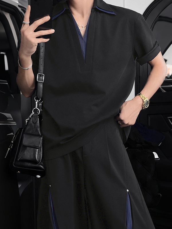 Men's Faux Two Piece Contrast Turn Down Collar Two Pieces Outfit SKUL51066