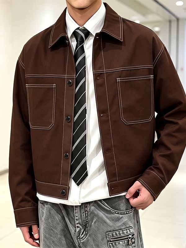 Men's Workwear Streetwear City Walk Contrast White Stitching Lapel Cropped Jacket SKUL84788