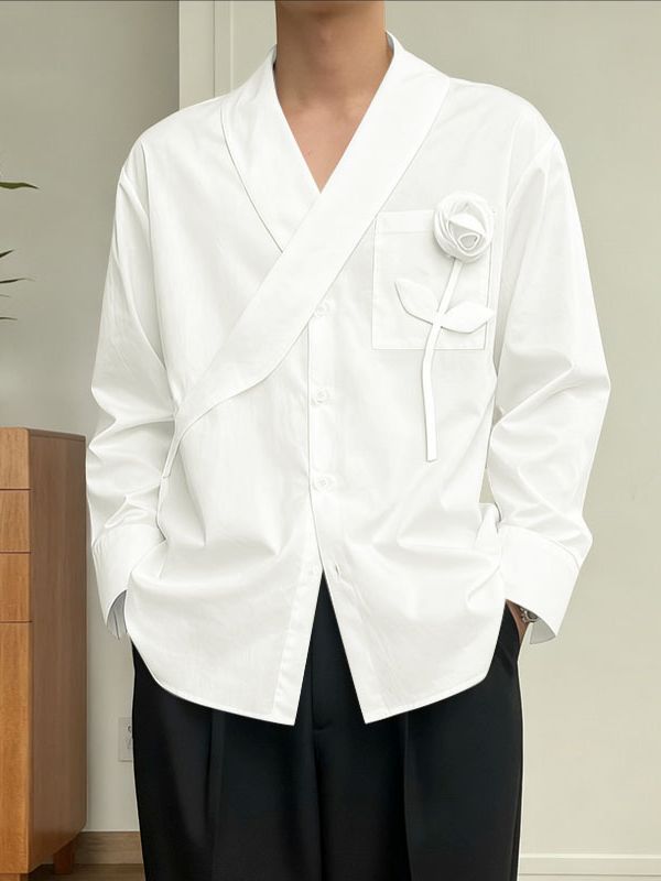 Men's 3D Floral Decor Long Sleeve Shirt SKUL42379