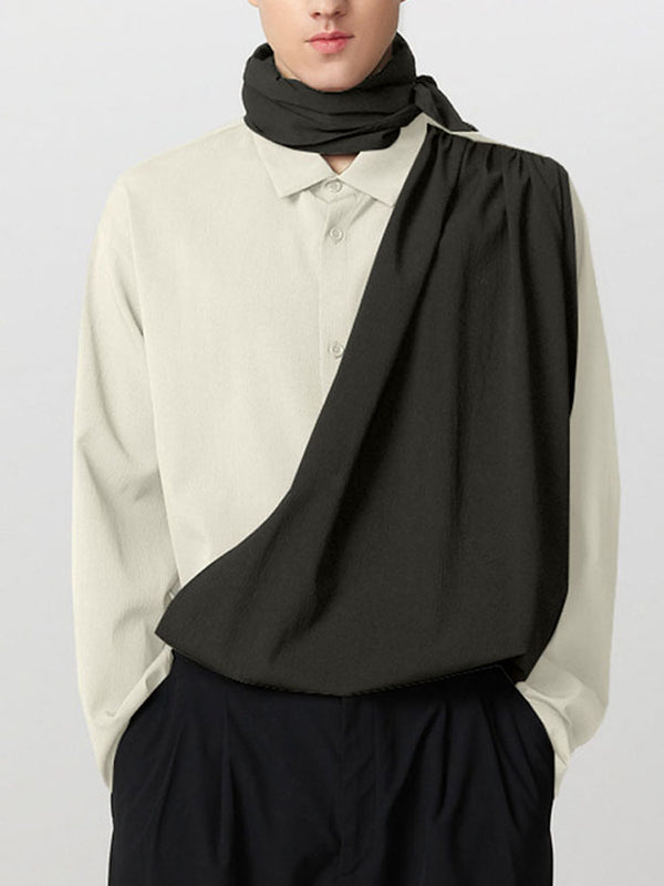 Mens Tie-Detail Color-Block Patchwork Long-Sleeve Shirt SKUK87995