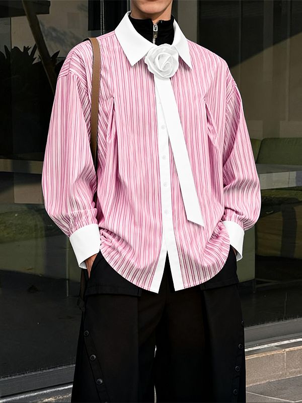 Men's 3D Floral Decoration Striped Long Sleeve Shirt SKUL48017