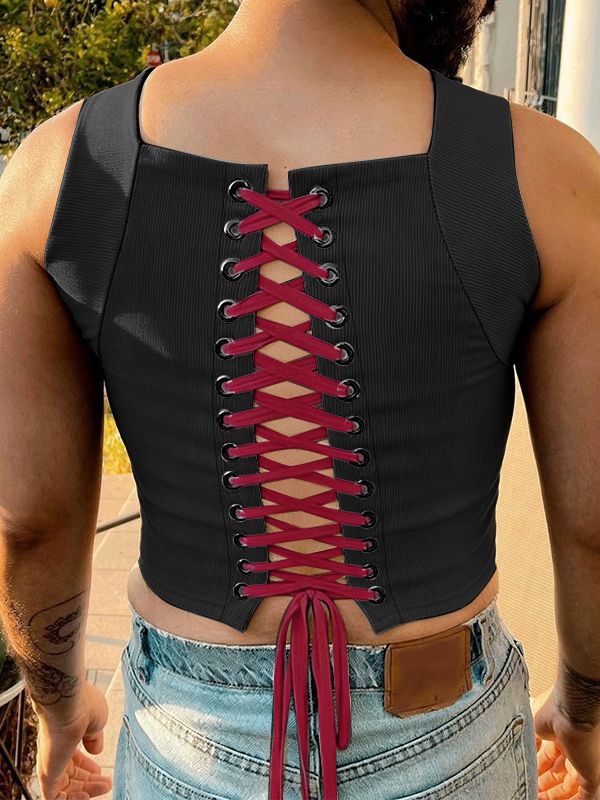 Men's Back Tie Design Knit Textured Cropped Tank SKUL57688
