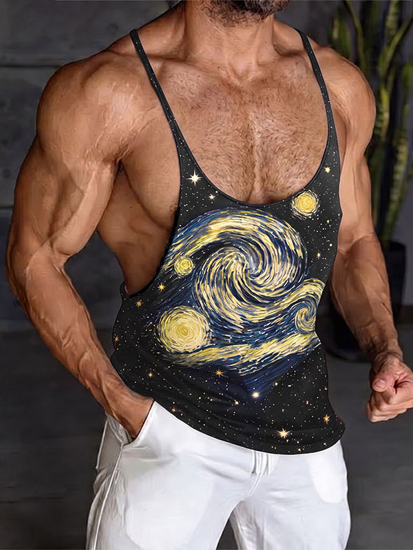 Men's High-Street Artistic Van Gogh "Starry Night" Print Deep U-Neck Tank SKUL60112