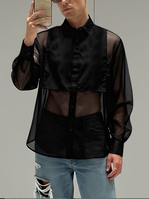 Men's Sheer Mesh Patchwork Long Sleeve Shirt SKUL47611