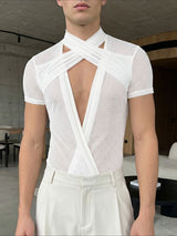 Men's Avant-Garde Sheer Mesh Double-Cross Wrap Cutout Bodysuit SKUL61684
