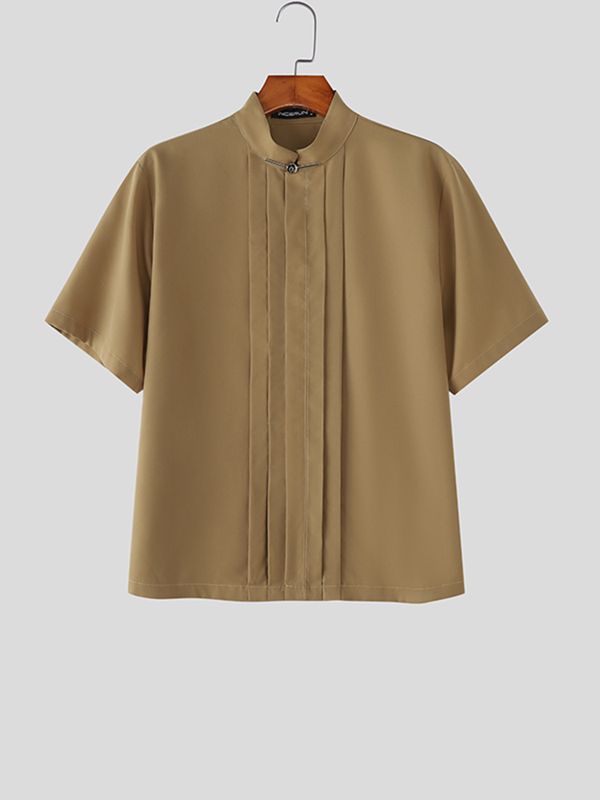 Men's Solid Color Pleated Stand Collar Short Sleeve Shirt SKUL56231