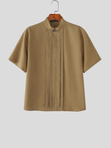 Men's Solid Color Pleated Stand Collar Short Sleeve Shirt SKUL56231