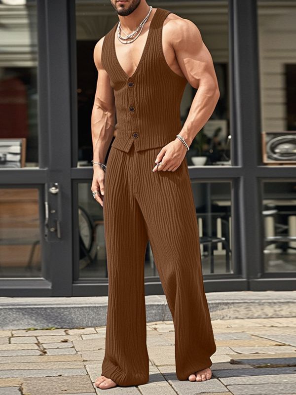 Men's Solid Color Textured Casual Two Pieces Outfit SKUL47673