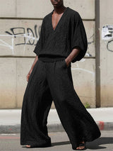 Men's Solid Color Textured V Neck Two Pieces Outfit SKUL54000