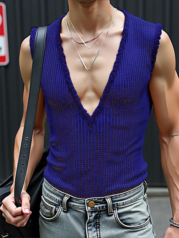 Mens Hollow-Out Mesh Deep V-Neck Tank SKUL16745