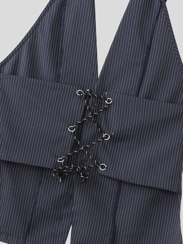 Men's Avant-Garde Pinstripe Halter Neck Backless Lace-Up Waistcoat SKUL64186