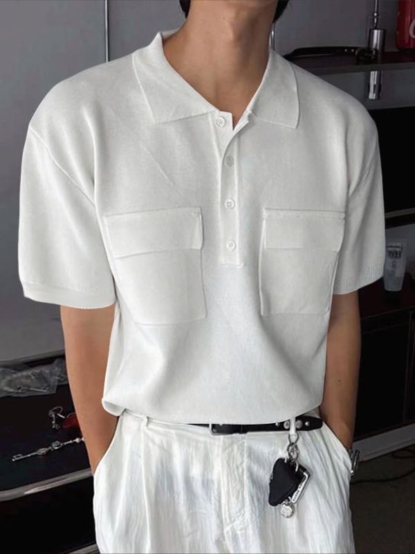 Men's Japanese Cityboy Aesthetic Dual Utility Chest Pocket Knit Polo Shirt SKUL72596