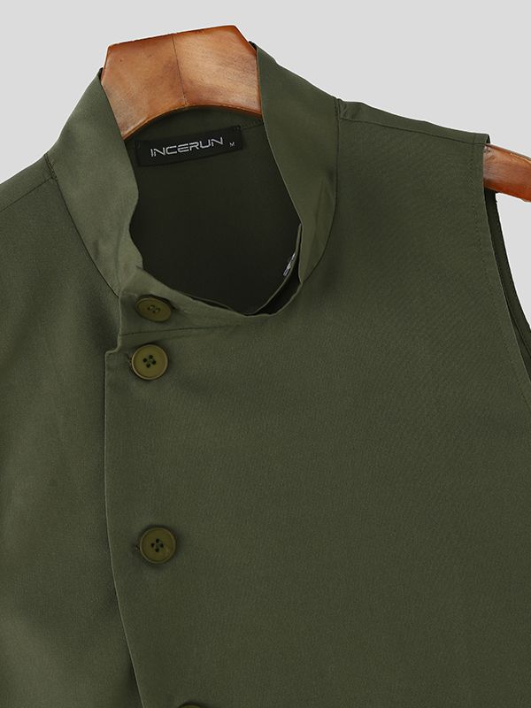 Men's Solid Button Stand Collar Sleeveless Shirt SKUL40117