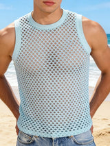Men's Summer Beach Open Work Crochet Fishnet Knit Muscle Tank SKUL65426
