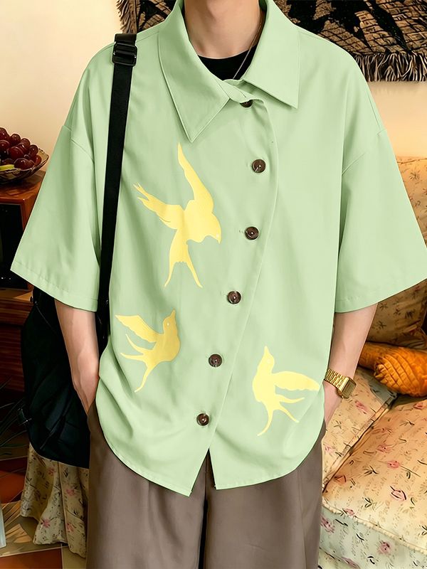 Men's Japanese Harajuku Flying Bird Print Asymmetric Diagonal Button Short Sleeve Shirt SKUL63005