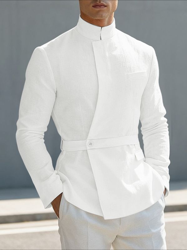 Men's Solid Color Minimalist Stand Collar Long Sleeve Shirt SKUL43669