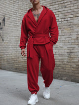 Men's Solid Color Tie Hooded Two Pieces Outfit SKUL45401