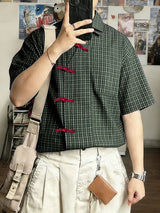 Men's Plaid Color Block Asymmetric Short Sleeve Shirt SKUL57119