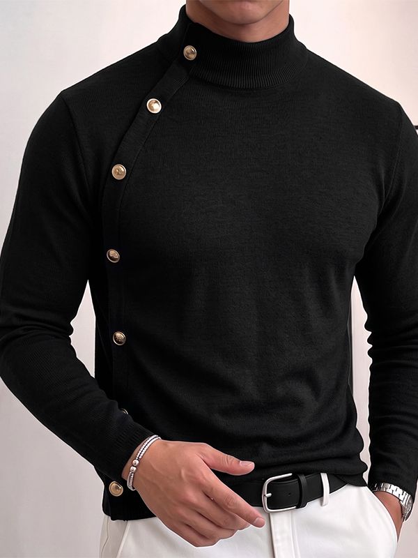 Men's Smart Chic Daily Commute Side Slanted Placket Metallic Button Slim T-shirt SKUL84771