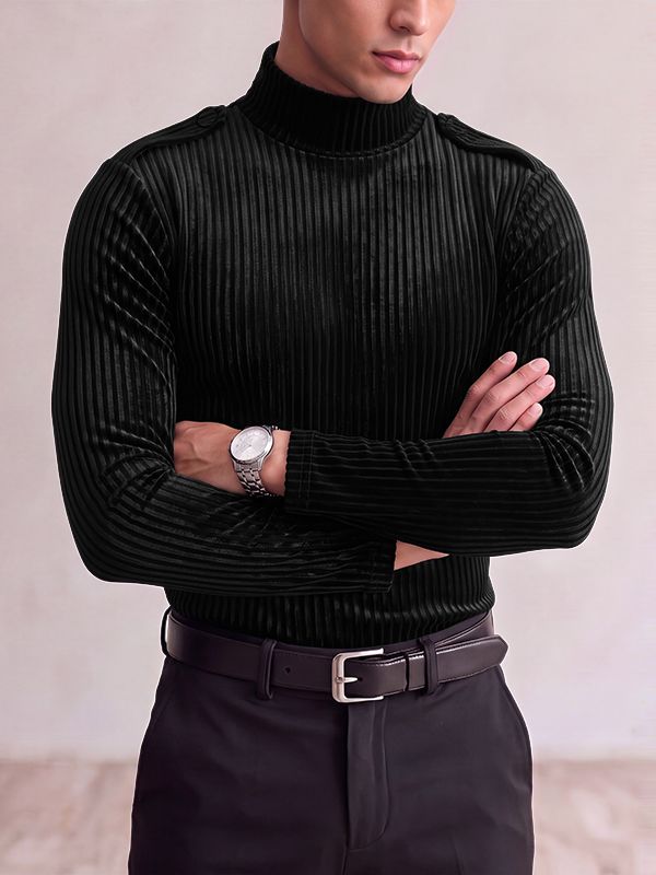 Men's Early Autumn Retro Pleated Velvet Slim Fit Long Sleeve Turtleneck T-shirt SKUL81737