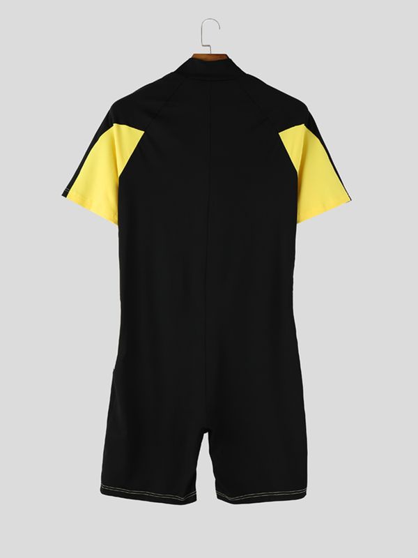 Men's Techwear Athletic Aesthetic Geometric Color-Block Convenient Front Half-Zip Bodysuit SKUL63138