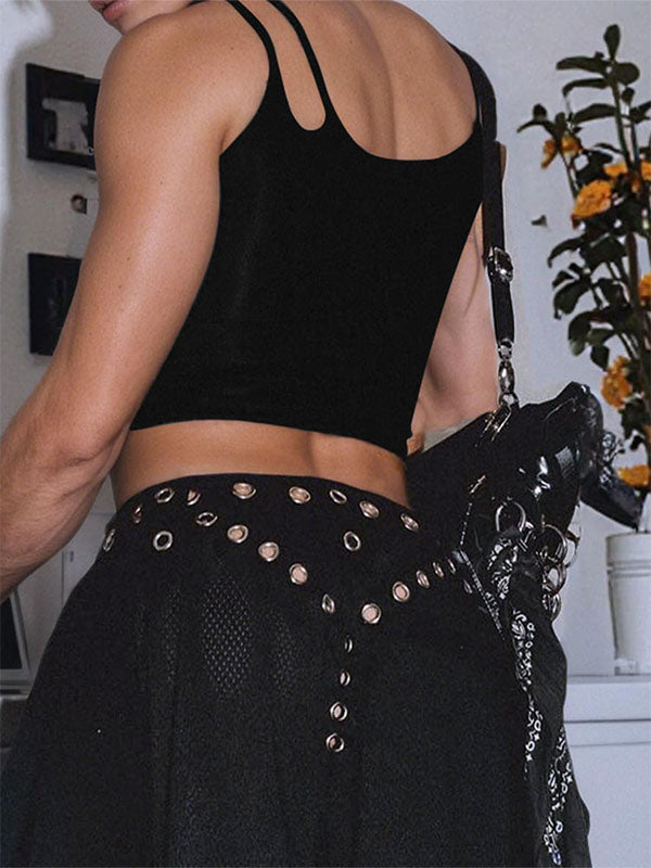 Men's Solid Color Lace-Up Patchwork Cropped Tank SKUL15375