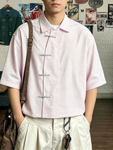Men's New Chinese Style Vertical Stripe Frog Button Short Sleeve Shirt SKUL60142