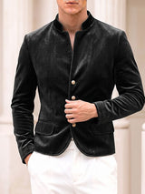 Men's Retro Quiet Luxury Cocktail Party Lustrous Velvet Metal Button Long Sleeve Stand Collar Jacket SKUL77985
