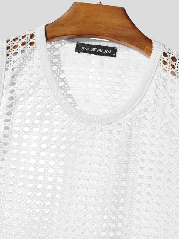 Mens Sheer Mesh Hollow-Out Two Pieces Outfit SKUL19151