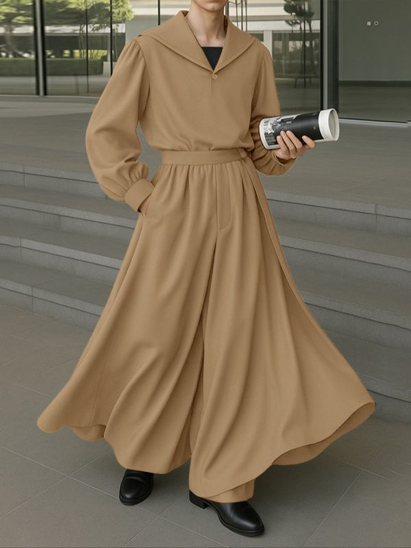 Men's Solid Color Long Hem Sailor Collar Two Pieces Outfit SKUL32756