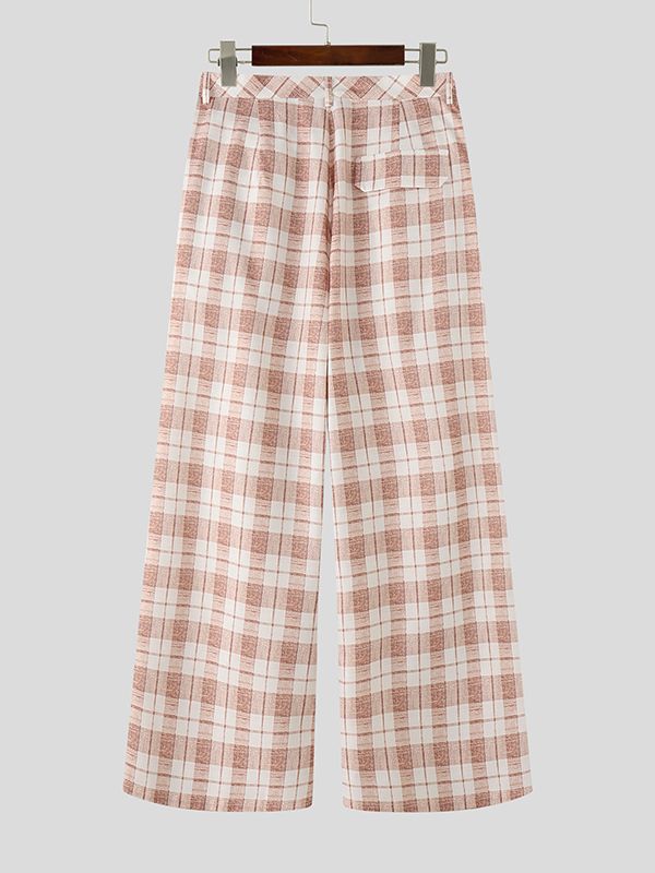 Men's Plaid Button Front Wide Leg Pant SKUL50711